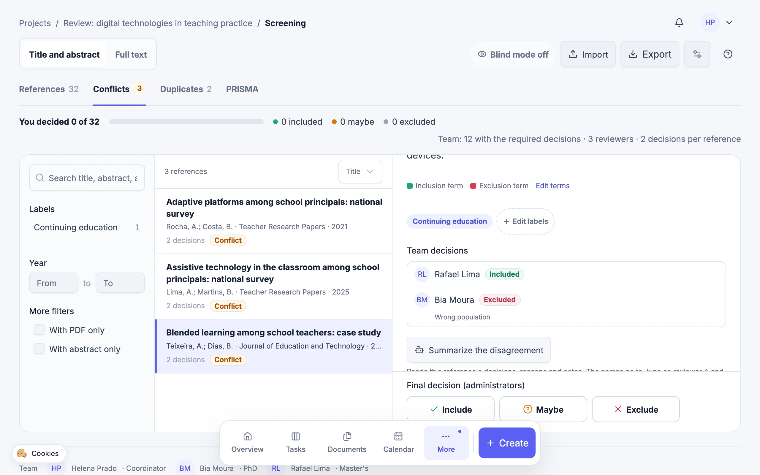 The Conflicts tab with three conflicting references; on the right, the team's decisions (one included, one excluded for wrong population), the Summarize the disagreement button and the administrators' final decision.