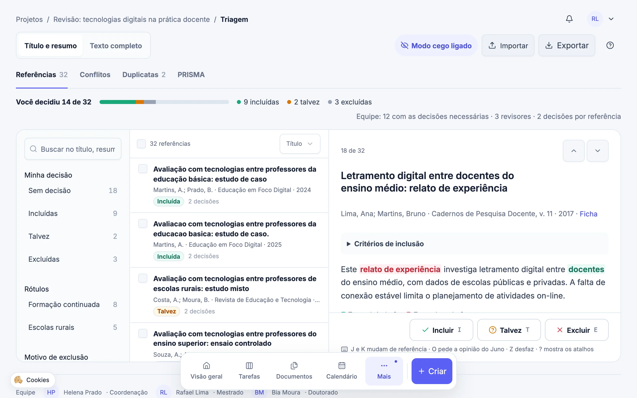 Tela da Triagem do Kanban Pesquisa: fases no alto, progresso, filtros à esquerda, lista de referências no meio e a referência aberta à direita, com o resumo destacado e os botões Incluir, Talvez e Excluir.